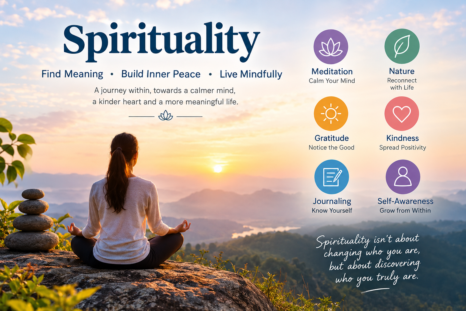 A woman meditating peacefully at sunrise in the mountains, representing spirituality, inner peace, mindfulness, gratitude, nature, kindness, journaling, and self-awareness.